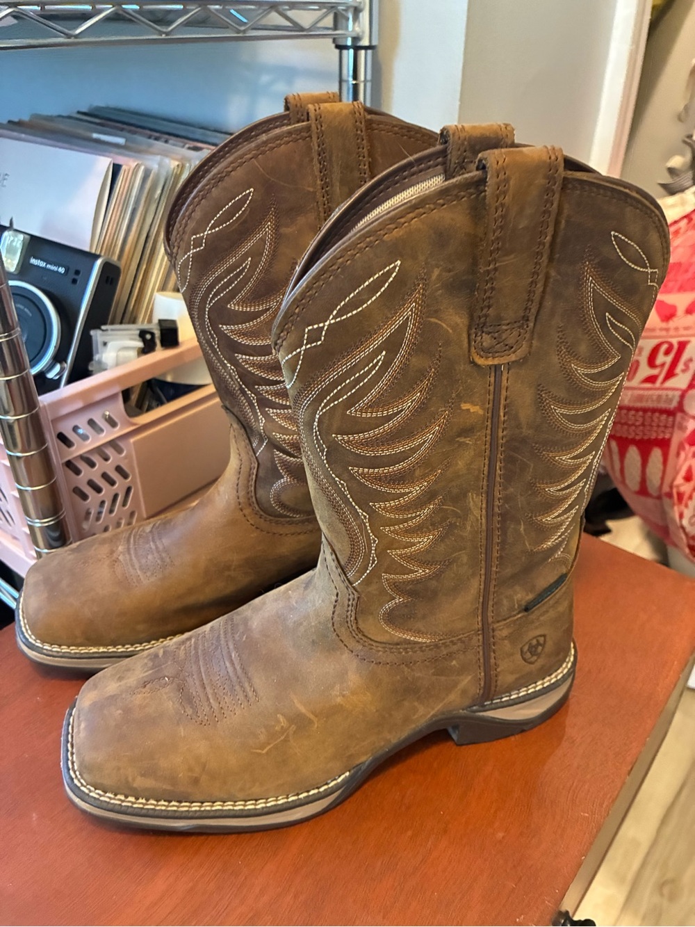 Ariat Brown Distressed Leather Men's Western  work Boots with Embroidered Shaft